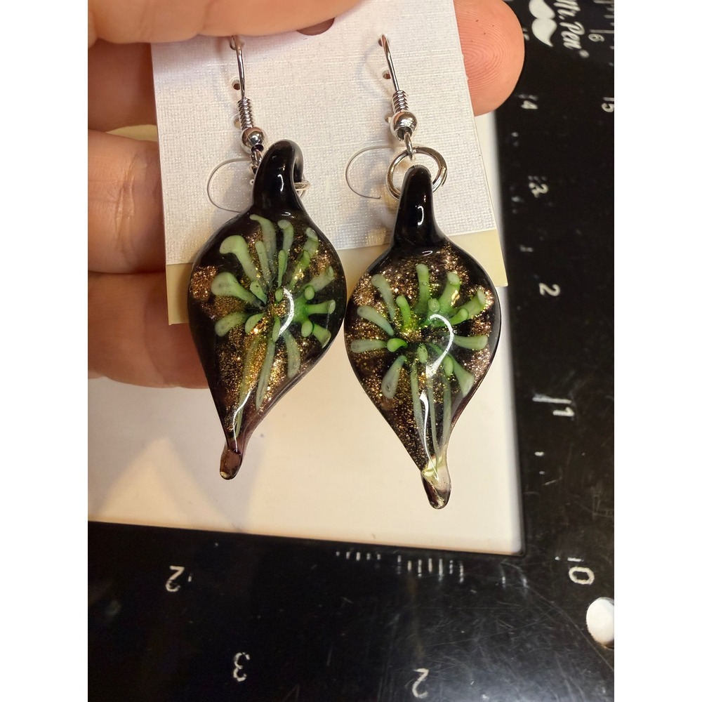Green Black Gold Lampwork Glass Teardrop Dangle Earrings Fishhook Artisan Style